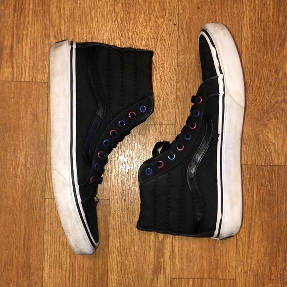 Hightop Black canvas Vans with Leather Insides & Iridescent Lace Holes Sample - Picture 1 of 8